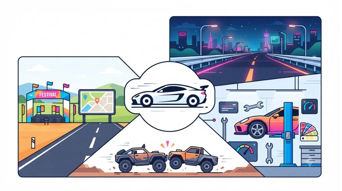 Games Like Forza Horizon illustration showing festival driving, Japan night racing, car tuning, and vehicle destruction