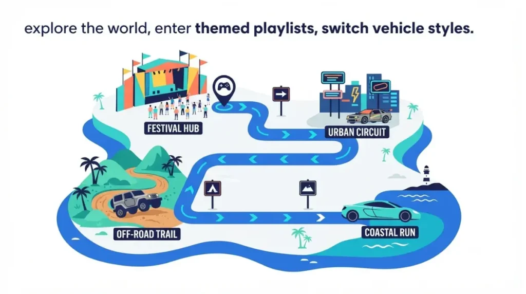 Games Like Forza Horizon illustration showing an open-world festival map with themed street, off-road, and coastal driving activities