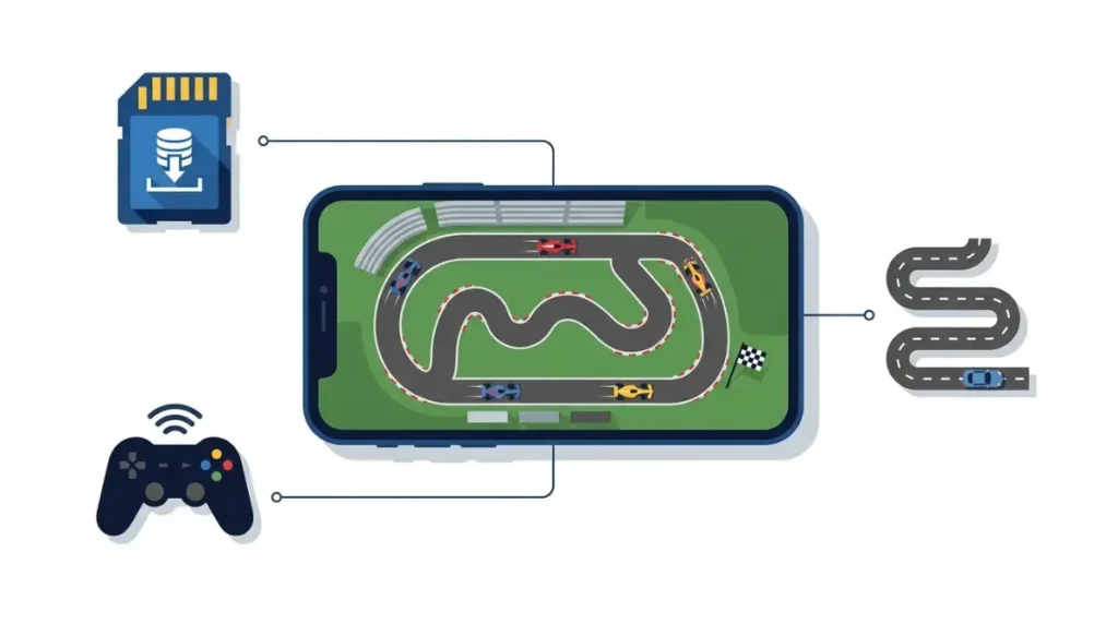 GRID Autosport among offline Racing Games, showing a long career, large storage need, and gamepad support.