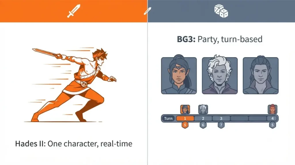Vector comparison of real-time action combat versus turn-based party management for Burnout relief