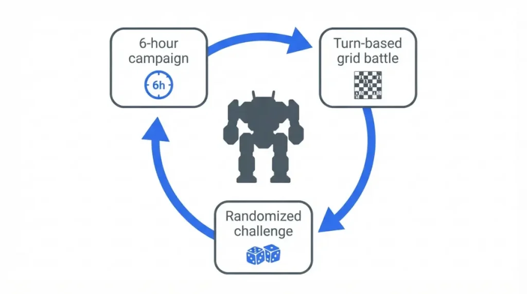Vector diagram of Into the Breach short turn-based tactics gameplay loop for Burnout recovery
