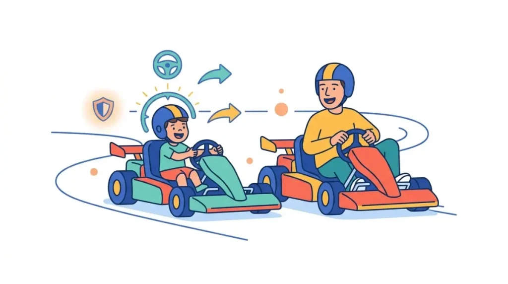 Kid using driving assists while a parent races normally, vector illustration of per-player Kid-friendly racing settings