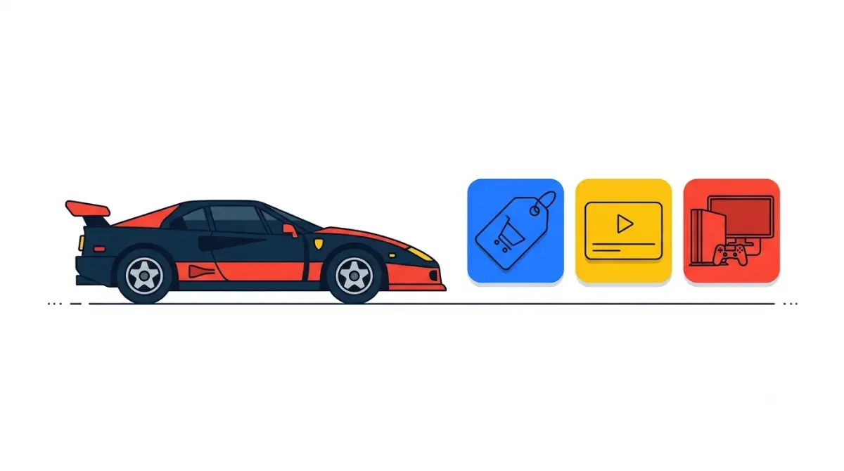 Classic Car Games on Console: vector illustration showing legal ways to play retro racing games through digital stores, subscriptions, and backward compatibility.