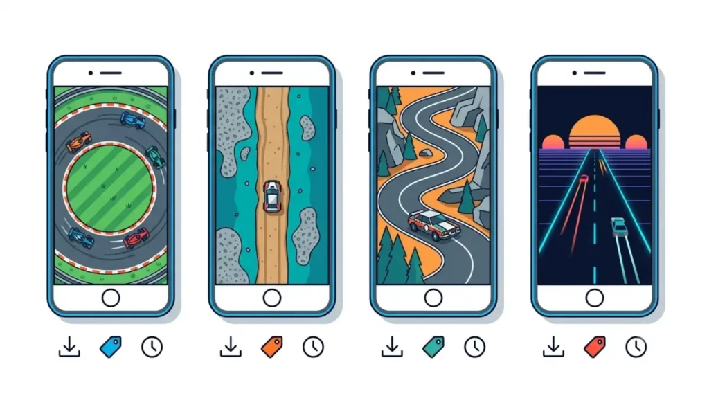 Four phones comparing offline Racing Games by download size, price, and estimated playtime.
