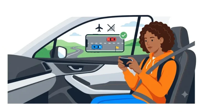 Passenger playing offline Racing Games on a phone in airplane mode during a long car trip.