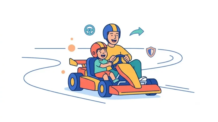 Parent and Kid racing together in one shared go-kart, vector illustration of the best kid-friendly racing games