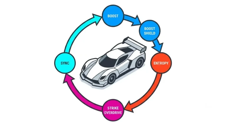 Screamer ECHO system explained with a vector diagram showing Sync powering Boost or Shield and charging Entropy for Strike and Overdrive.