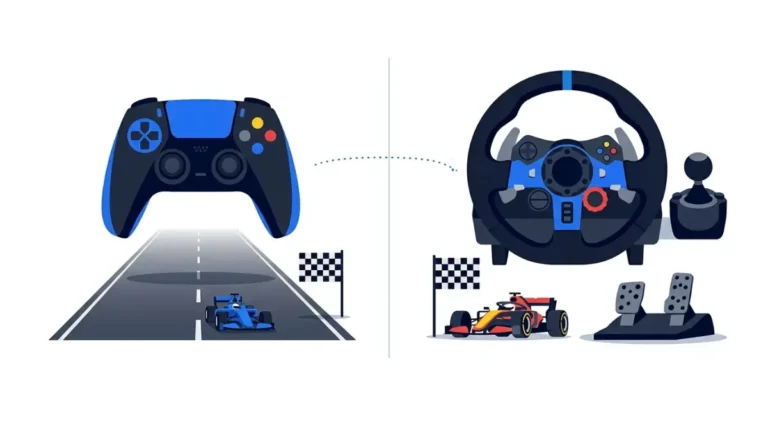 Sim Racing on a controller versus a racing wheel, shown with a gamepad, racing wheel, pedals, and race cars
