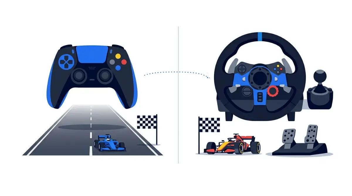 Sim Racing on a controller versus a racing wheel, shown with a gamepad, racing wheel, pedals, and race cars
