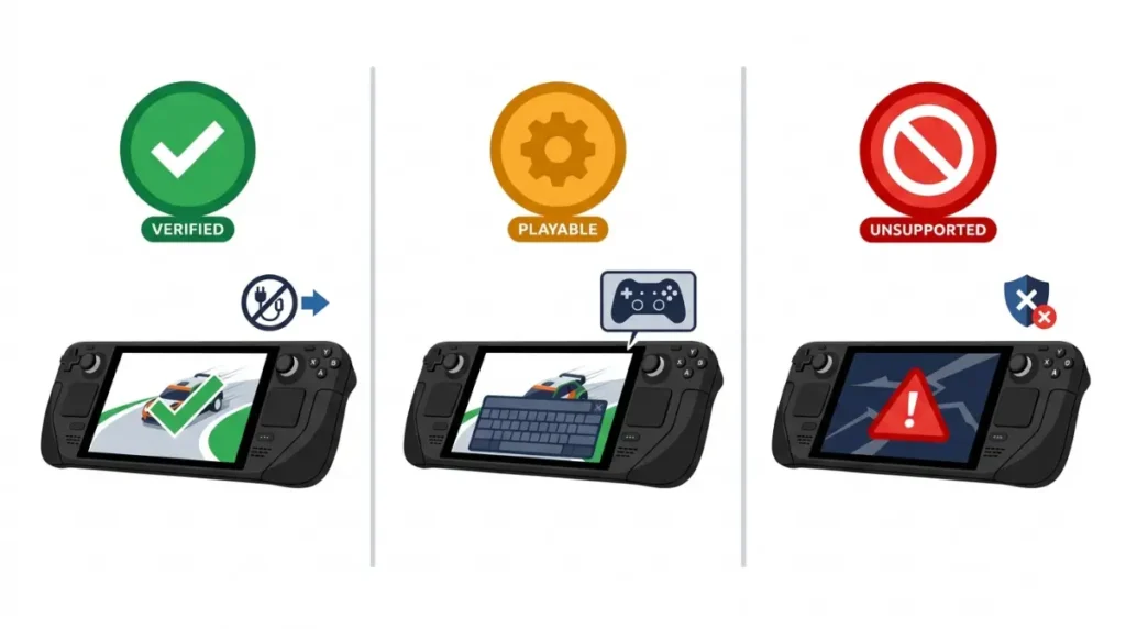 Steam Deck Racing Games compatibility explained with Verified, Playable, and Unsupported badge differences in a vector infographic