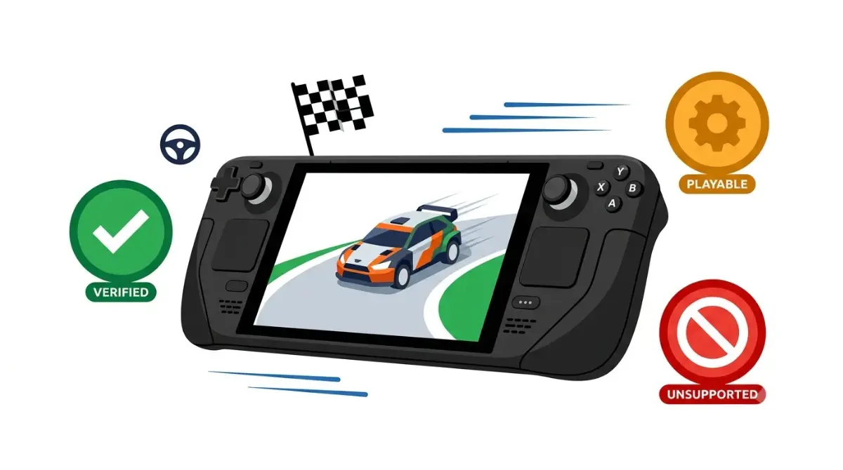 Steam Deck Racing Games compared by Verified, Playable, and Unsupported compatibility badges in a clean vector illustration