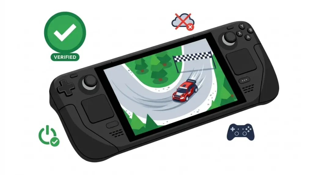 Steam Deck Racing Games with Verified status shown as zero-setup portable racing in a clean vector illustration