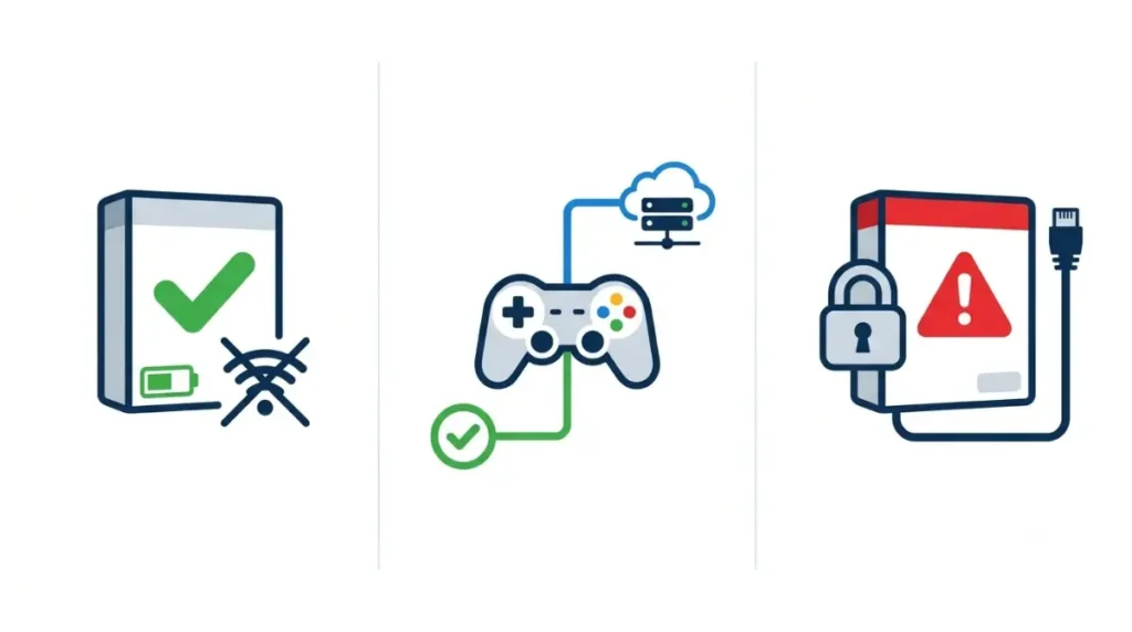 Car Games offline types explained: DRM-free, hybrid offline, and activation-locked racing games in a flat vector infographic