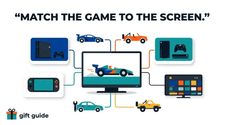 Video Game Gifts for Car Lovers: flat vector illustration showing how to match a car game gift to the recipient’s PlayStation, Xbox, Switch, or smart TV
